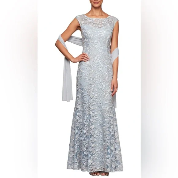 Alex Evenings Embroidered Illusion Gown & Shawl - Light Blue - Size 12